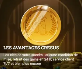 Cresus Casino golden coin with laurel wreath and promotional text