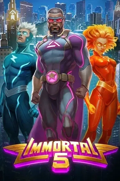 Immortal 5 slot game with three superheroes in a city skyline